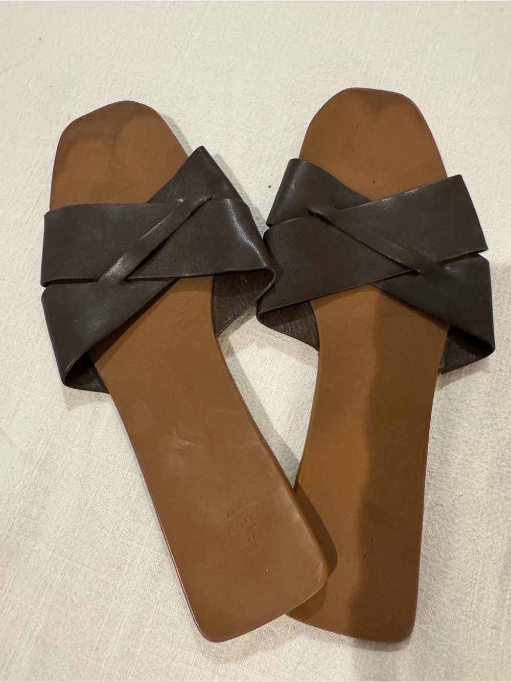 H&M Dark Brown Leather Cross-Strap Slide Sandals